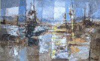 LARGE ABSTRACT HARBOR OIL ON WOOD PAINTING