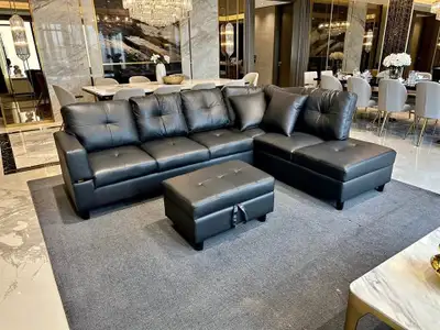 Modern Black Leather Sectional Sofa with Storage Ottoman, View more