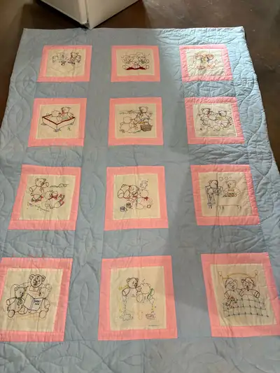 Hand made baby quilt, each square hand embroidered For boy or girl