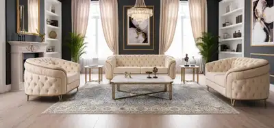 Cream Tufted Sofa Set with Gold Legs, View more