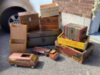 ANTIQUE CRATES, CHESTS, TRUNKS, TOYS, collectibles 