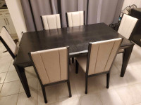 Dining table, leaf, 6 chairs and cabinet