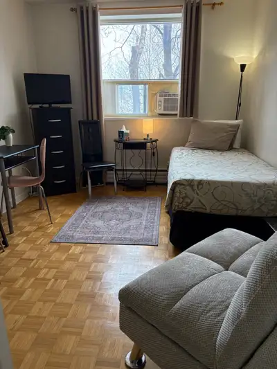 One furnished room in three bedroom two bathroom apartment. Bathroom shared with one quiet clean fem...