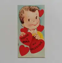 Vintage Unused Cute Boy You're A Doll Red Hearts Valentine Card