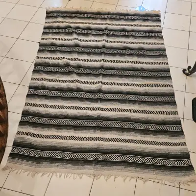 NEW MEXICAN HEAVIER QUALITY HANDMADE COTTON / ACRYLIC / POLY BLEND BLANKET, GREY, BLACK AND WHITE. M...