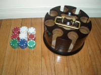 Wooden Revolving Carousel Caddy w/ Poker Chips & Cards