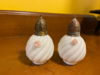 Vintage Milk Glass Salt & Pepper Shakers Brass Top Pink Flower