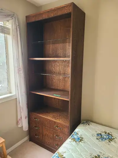 Wooden display shelf with drawers, View more