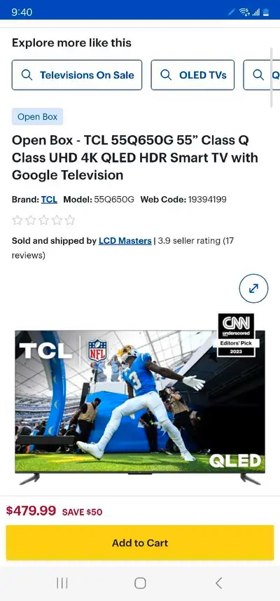 TCL 55” Class Q Class UHD 4K QLED HDR Smart TV with Google TV, View more