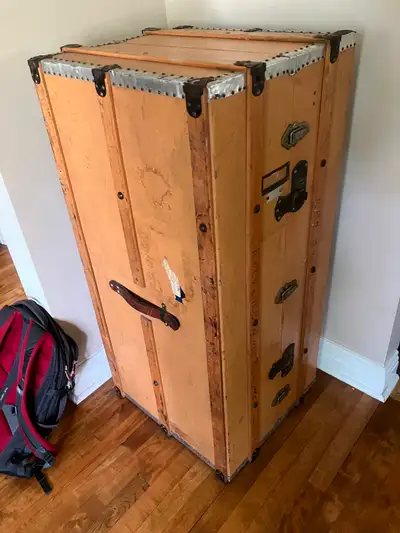 antique wardrobe steamer trunk in beige with red interior, View more