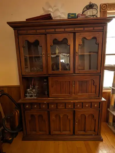 Antique Solid Wood Hutch with Built-In Bar – Massive Storage, View more