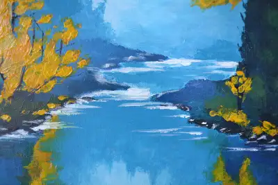 Beautiful Oil on Canvas River Painting 22 X18 Inches, View more