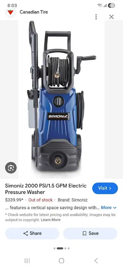 I'm selling a used Simoniz 2000 PSI/1.5 GPM electric pressure washer. This pressure washer is perfec...