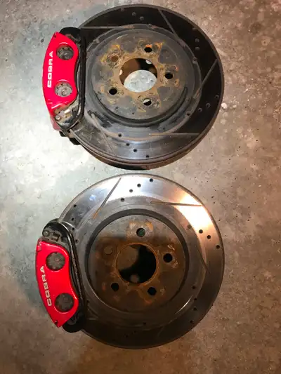 Front BIG brakes left and right side w mounting brackets, red calipers, drilled/slotted power slot r...
