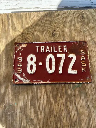 1949 Saskatchewan trailer license plate. $50 phone or text 306-960-2052