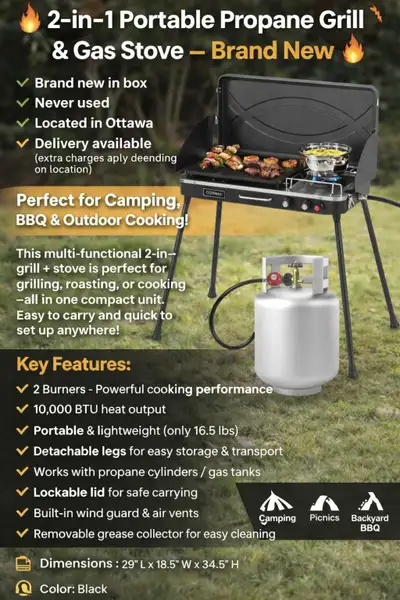  2-in-1 Portable Propane Grill & Gas Stove – Brand New , View more