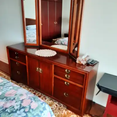 Vintage Wood Bedroom Dresser with Tri-Fold Mirror, View more