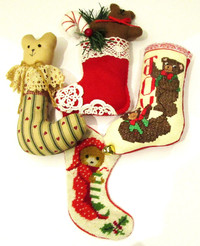 4 HAND CRAFTED "BEAR STOCKING" HANGING TREE ORNAMENTS