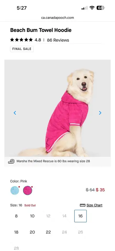 Canada Pooch Dog Hoodie Size 16, View more