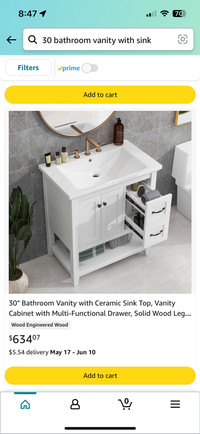 30” White Bathroom Vanity with Ceramic Sink