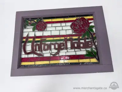 Vintage Stained Glass Window Panel Rose Floral Script Art Wood, View more
