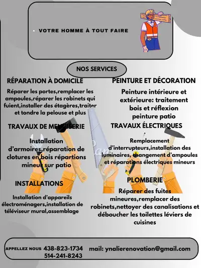 Tout dans le bâtiment : Entretiens, réparations, installations et et rénovations. Travaux de menuise...
