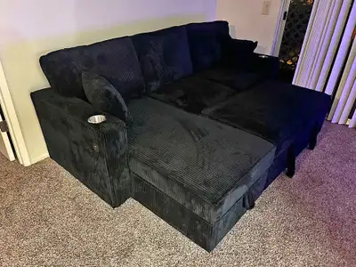 Black Corduroy Sectional Sofa with Pull-Out Bed, View more