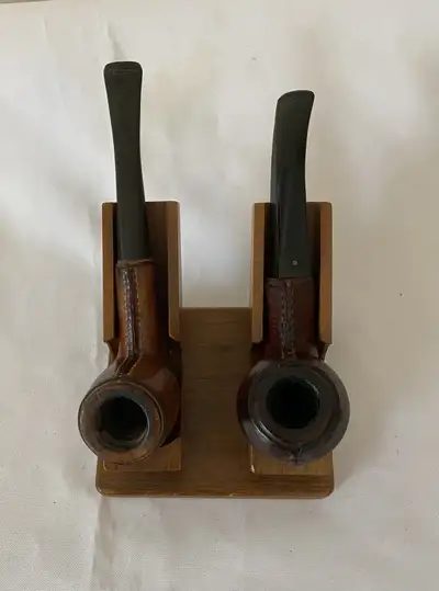 2 vintage France leather tobacco pipes with stand., View more
