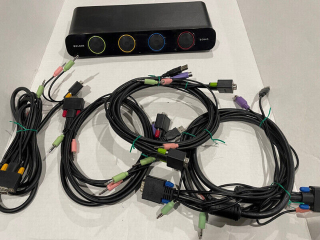 Belkin 4 port KVM Switch F1DS104J + VGA Audio USB Power Cables in Networking in St. Catharines