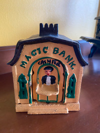Vintage Magic Bank Mechanical Turning Cashier Cast Iron Coin Ban
