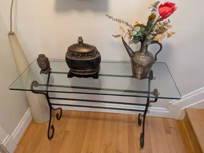 THICK Glass and Metal table Glass has round corner - safe for kids Decorative console table with bea...