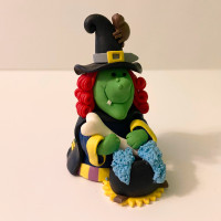 Vintage Handmade Witch Poly Clay Small Figure with Bone Cauldron