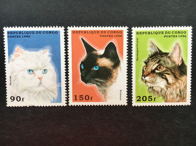TIMBRES ET FEUILLET, CONGO 1996, CHATS, sept timbres. dans Art et objets de collection  à Longueuil/Rive Sud - Image 2