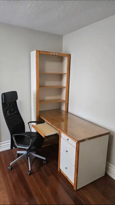 wood desk with drawers and bookshelf, View more
