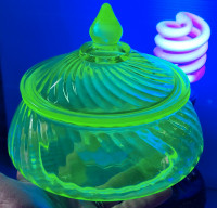 Vintage Uranium Glass Green Swirl Glass Candy Dish with Lid