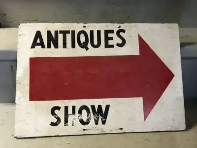 VINTAGE WOOD SIGN -  "ANTIQUES SHOW" WITH ARROW, View more