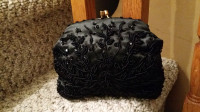 Black satin & beads evening handbag 