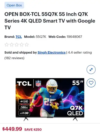 TCL 55Q7K 55 Inch Q7K Series 4K QLED Smart TV with Google TV, View more
