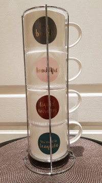Set of 4 Stackable Mugs in Metal Stand - NEW