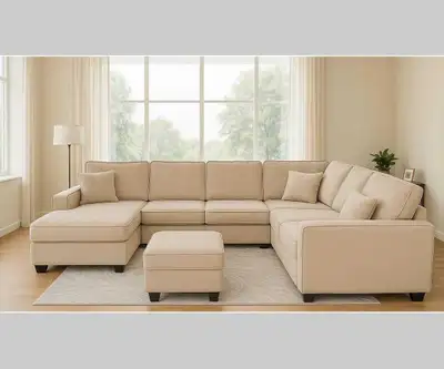 Large U-Shaped Beige Fabric Sectional Sofa with  Chaise +Ottoman, View more