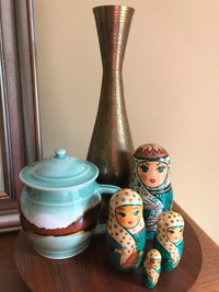 Vintage Brass Vase, Matryoshka Nesting Dolls, Studio Pottery Mug