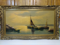 Antique harbor oil painting.
