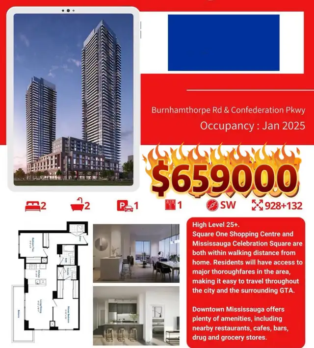 Two Distressed Assignment Sale - 2 BR+ 2 Bath+ Parking in Condos for Sale in Mississauga / Peel Region - Image 2