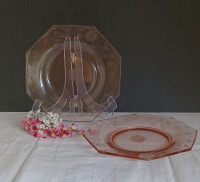 Depression glass, pink, octagonal plates, set of 2