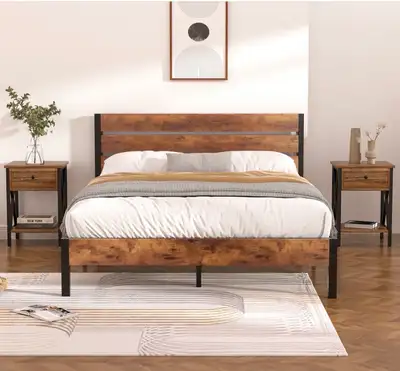 Queen Size Industrial Bed Frame with Nightstands, View more