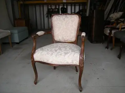 Old Arm Chair newly reupholstered. Beige Material. Good condition clean. See my other ads for more i...