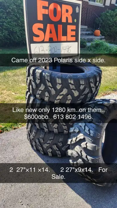 4 like new 27" x 14" wheel. 2 are 27 x 9x14 other 2 are 27" x 11 x14 rear tires of of 2023 Polaris x...