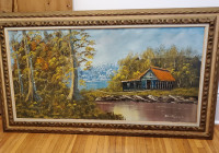 Large Cottage Scene Oil Painting on Canvas, Signed Henrique
