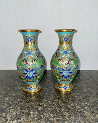 Floral Chinese Gold Tone Ormolu Texture Flower Vases Set of 2