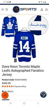 Dave Keon autographed fanatics Leafs jersey